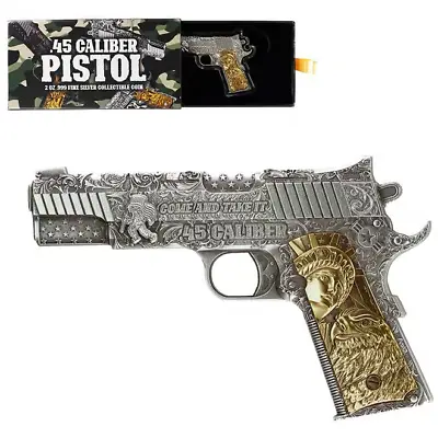 2024 Chad .45 Caliber Pistol Gun Shaped Coin 2oz Silver ANTIQUED W/Gold Gilding • $299.99