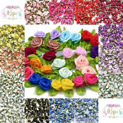 £2.37 • Buy Mini Satin Ribbon Roses With Leaf 25mm & 30mm Crafts Sewing Card Making Weddings