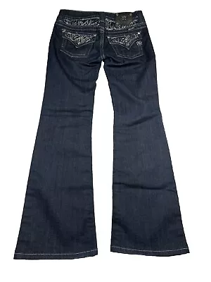 Miss Me Jeans Size 27 (measures 31x32) Blue Dark Wash Easy Boot Cut Flap Pockets • $34.87