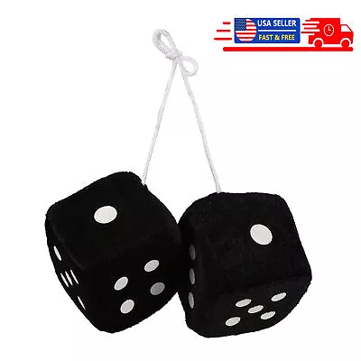 Black Fuzzy Dice Vintage Car Plush Decor Hanging Rearview Mirror 2.25  Auto US • $7.69