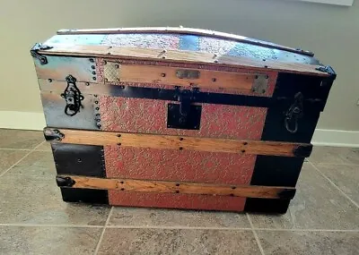 Vintage Geo Burroughs And Sons Trunk Wood Leather Ornate Very Rare! • $999.99