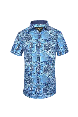 Mens PREMIERE Casual Short Sleeve Button Down Dress Shirt Blue PAISLEY 681 • $35.95