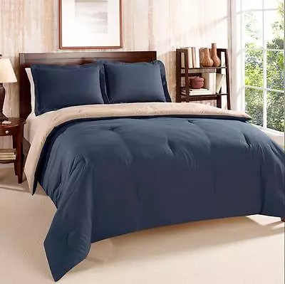 TWIN / TWIN X-LONG - Tommy Hilfiger - Navy Tan REVERSIBLE COMFORTER & SHAM  SET • $89.99