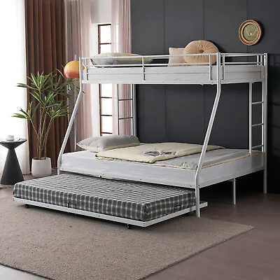 Heavy Duty Twin Over Full Bunk Bed With Trundle Metal Bed Frame White • $249.99