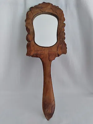 Vintage Hand-Carved Wood Frame Hand-Held Mirror With Leaf Design • $17