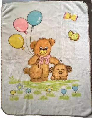 VTG Baby Blanket Mink Plush Teddy Bear Balloons Puppy Dog Butterfly Tan & Cream • $98.95