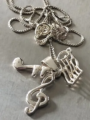 925 Sterling Silver Musical Notes Pendant Charm Necklace 18” • $10.99
