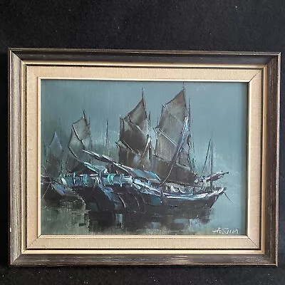 Vintage Night Seascape Oil Painting Chinese Junk Boats Fishing Harbor Signed • $95