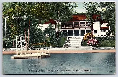 Mitchell Indiana~Bathing Beach~Spring Mill State Park~1940s Linen Postcard • $12