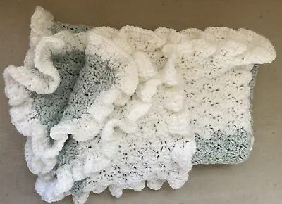 Hand Crocheted Baby Afghan Blanket 38 X 34  Boy Or Girl Unisex Mint Green/White • $24.45