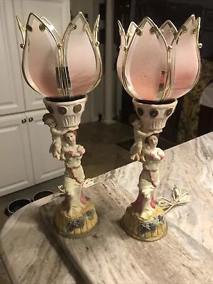 Vintage Rare Pink Lotus Flower Pair Bedroom Cherub Lamps MCM Style 1970s 19 In • $150