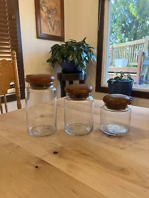 Set Of 3 Vintage Dolphin Glass Canisters With Teakwood Lids • $35