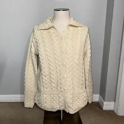 Aran Crafts 100% Merino Wool Irish Cable Knit Cardigan Small Buttons Ireland • $48