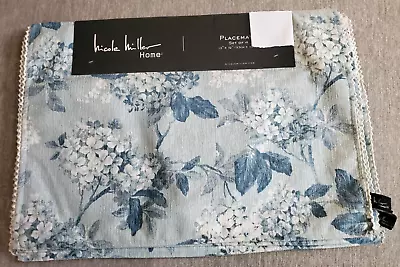 Nicole Miller Spring Blue White Hydrangea Floral Placemats Set Of 4 • $27.99