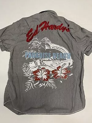 Ed Hardy Shirt Men XL White Black Striped Button Up Tattoo Embroidered Y2K • $25.50