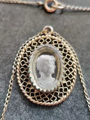 Vintage Whiting & Davis Clear Intaglio Glass Cameo Goldtone Pendant 21  Necklace • $17.99