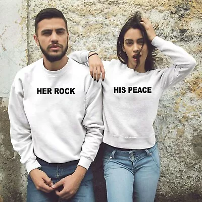 Couple Matching Funny Valentines Shirts Her Rock His Peace Sweatshirt Jumper Top • $21.15