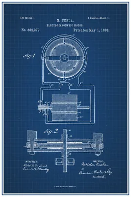 Nikola Tesla Electro Magnetic Motor Official Patent Blueprint Poster 12x18 • $10.98