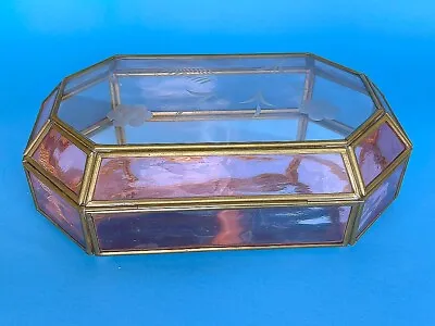 Vintage Brass & Pink Stained Glass  Jewelry  Box Mirrored Octagon Etched Lid • $20