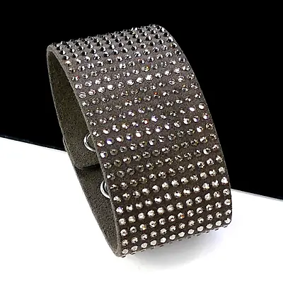 Michael Kors Crystal Gunmetal Tone Grey Leather Wide Bracelet 7  - 8  • $14