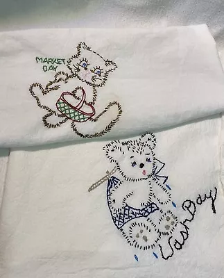 VTG Embroidered Dish Tea Towels- Set Of Two Flour Sacks MKT Day Wash Day • $2.99