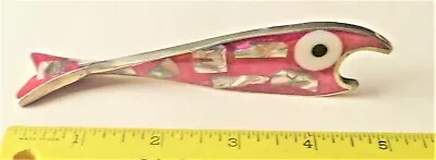 Vintage Red Enamel & Abalone Fish Shape Bottle Opener Brass Frame • $20.95