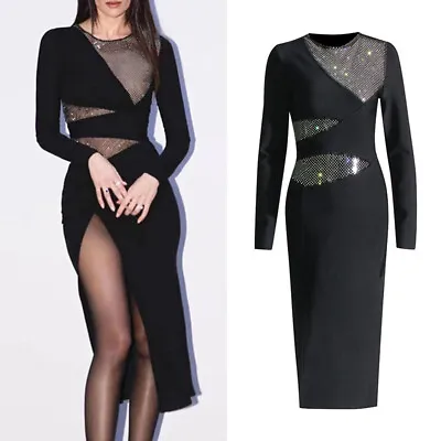 Womens Sexy Round Neck Rhinestones Mesh Hollow Side Slit Party Dress Patchwork • $72.27