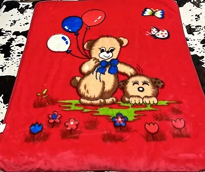 Vtg. EUC Baby Blanket Bear Puppy Balloons Butterfly Korean Mink RARE HTF Kawaii • $115