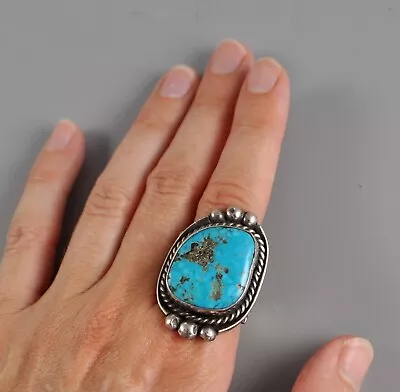 VTG Native American Indian Navajo Turquoise Large Mens Ring Long Kingman Sz 9.5 • $225