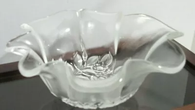 Vintage Clear And Frosted Glass Ruffled Rose Bowl Floral Pattern On Base • $14.75