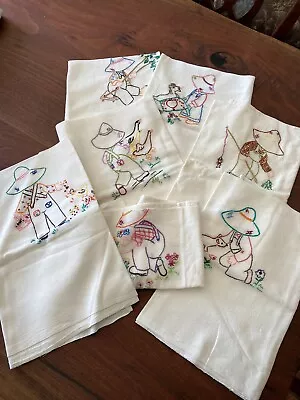 Pristine Vintage Set Of 7 Hand Embroidered Little Farmer Boy Feedsack Tea Towels • $59