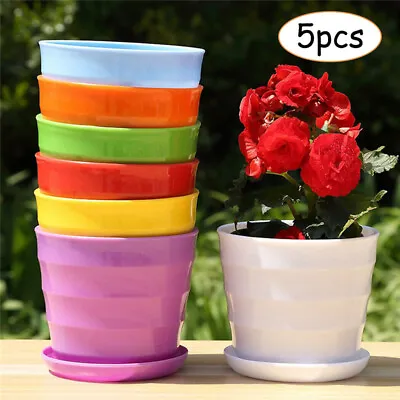5pcs Plastic Plant Pot Round Flower Nursery Planter Pots With Saucer Tray Decor • $5.58