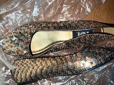 Womens 9 Confetee Gold Metallic Slip On Shoes Sparkle Flats Vintage NIB • $35