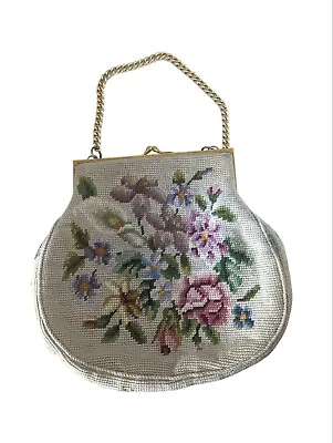 Vintage Large Needlepoint Purse Bag Cream Floral Gold Chain Unusual Shape  • $120
