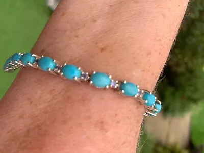 SLEEPING BEAUTY TURQUOISE & TANZANITE STERLING SILVER BRACELET - 15.75 Ct LARGE • £165