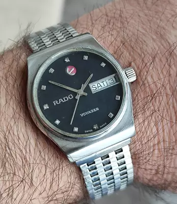 Rado Voyager Vintage Automatic Watch Original Bracelet Black Dial Steel • $180