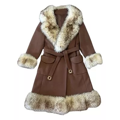 Vintage Penny Lane Coat 70s 60s Brown White Faux Fur Collar Womens M • $350