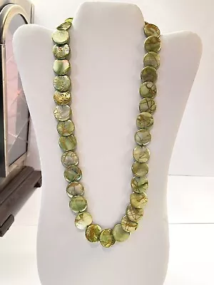 Vintage Green Necklace Earrings Set  Flat Round Gold Accent • $25