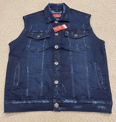 NWT Men's Stylo Blue Distressed Button Down Trucker Denim Jean Vest ALL SIZES • $19.99