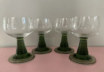 Vintage Roemer Style Etched Wine Goblet Glasses Green Stem Set 4 Grapes Beehive • $28
