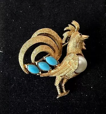 Signed CORO Gold Tone Blue Stone Faux Pearl Rooster Vintage Brooch Jewelry Lot Z • $15.50