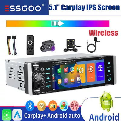 5.1  Single DIN Car Stereo Wireless Apple Carplay/Android Auto Head Unit MIC&CAM • $101.39