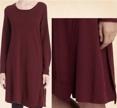 Eileen Fisher Petite Merino Wool Asymmetric Sweater Dress Burgundy Medium EUC • $44