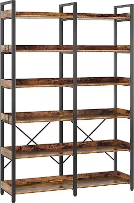 Bookshelf 6 Tier With 4 Hooks 69” Industrial Wooden Bookcase Rustic Brown • $179