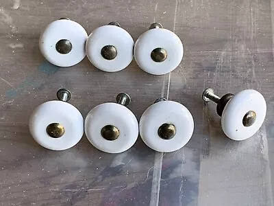 Lot Of 7 Vintage Porcelain Ceramic White And Brass Drawer Pull Cabinet Knobs • $12.99