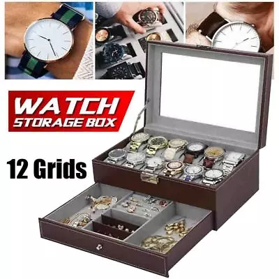 Mens 12 Grids 2 Layer  Watch Display Case Jewelry Collection Storage Holder Box • £20.47