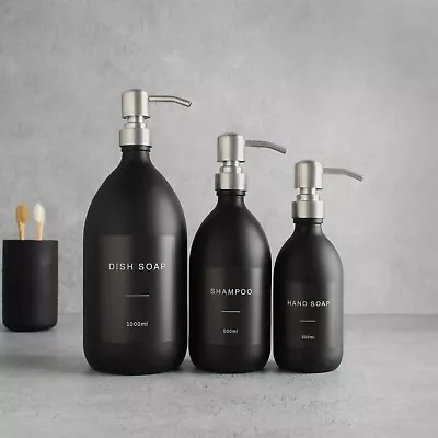 £12.99 • Buy Matte Black Glass Labelled Refillable Bottle With Metal Silver Pump Dispenser