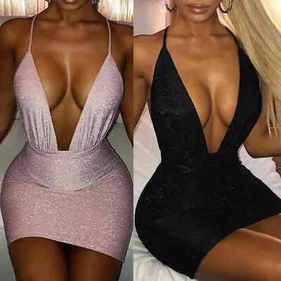 Women Sexy Deep V Neck Dresses Bodycon Backless Party Club Mini Dress • $22.59