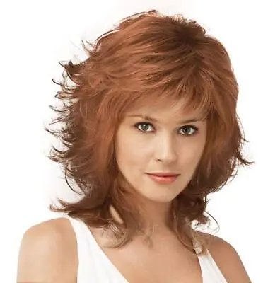 Mid Length Shag Capless Wavy Layered Synthetic Hair Wigs Women Natural Auburn • $24.19