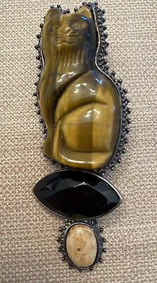 AKR Amy Kahn Russell Cat Tiger Eye Sterling Silver Large Pendant Pin Brooch • $723.96